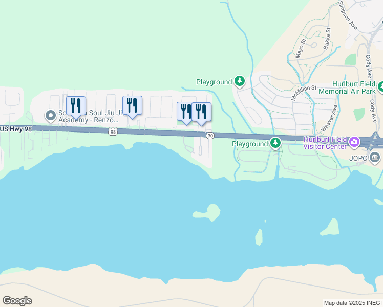 map of restaurants, bars, coffee shops, grocery stores, and more near 16 La Brisa Beach Circle in Mary Esther