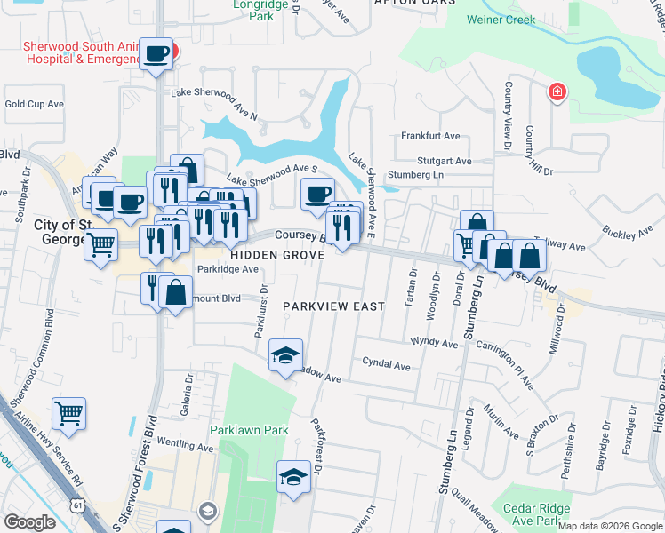 map of restaurants, bars, coffee shops, grocery stores, and more near 12313 Parkridge Avenue in Baton Rouge