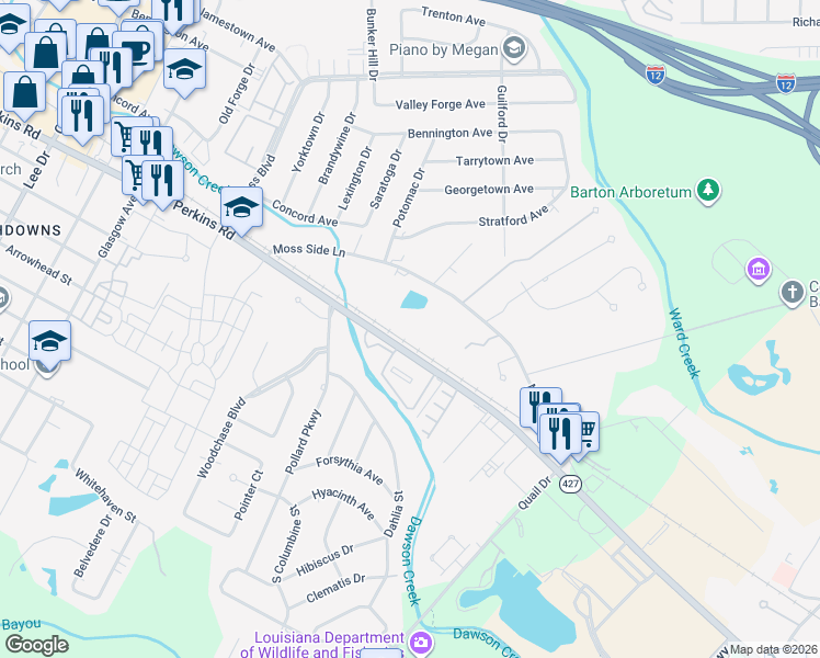 map of restaurants, bars, coffee shops, grocery stores, and more near 5500 Perkins Road in Baton Rouge