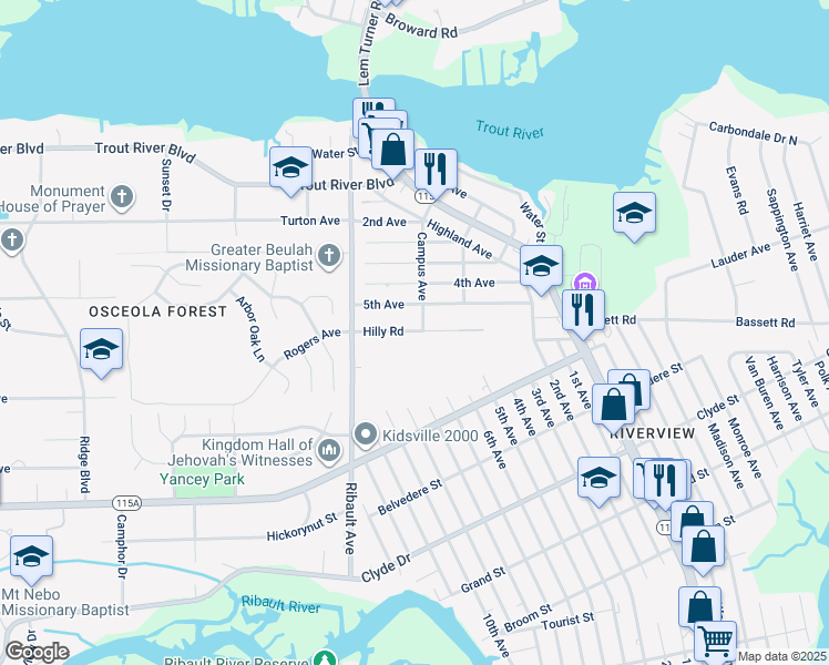 map of restaurants, bars, coffee shops, grocery stores, and more near 2280 Hilly Road in Jacksonville