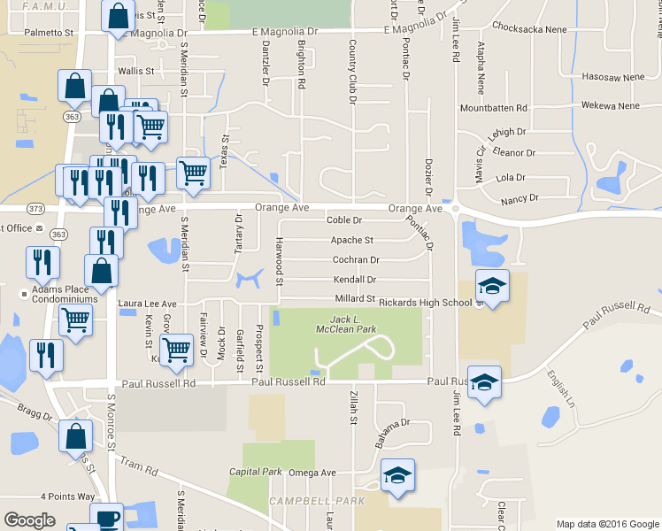 map of restaurants, bars, coffee shops, grocery stores, and more near 805 Kendall Drive in Tallahassee