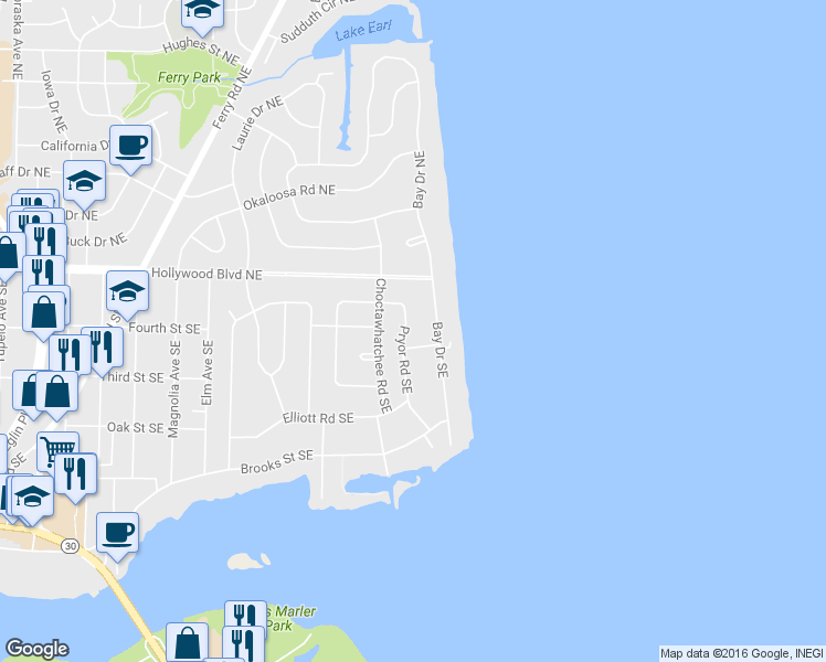 map of restaurants, bars, coffee shops, grocery stores, and more near 334 Shore Drive Southeast in Fort Walton Beach
