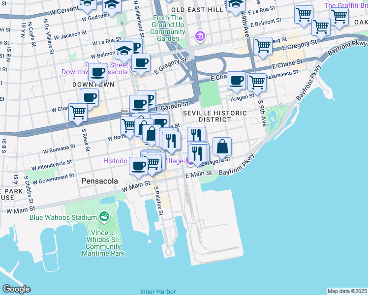 map of restaurants, bars, coffee shops, grocery stores, and more near 201 East Government Street in Pensacola