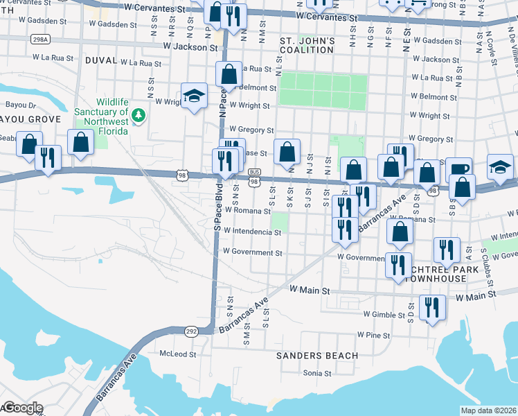 map of restaurants, bars, coffee shops, grocery stores, and more near 2021 West Romana Street in Pensacola