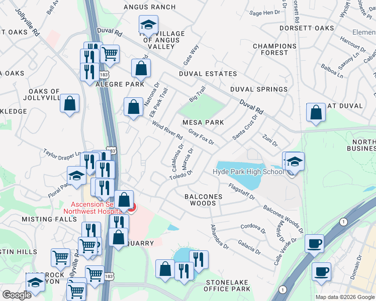 map of restaurants, bars, coffee shops, grocery stores, and more near 11502 Toledo Drive in Austin
