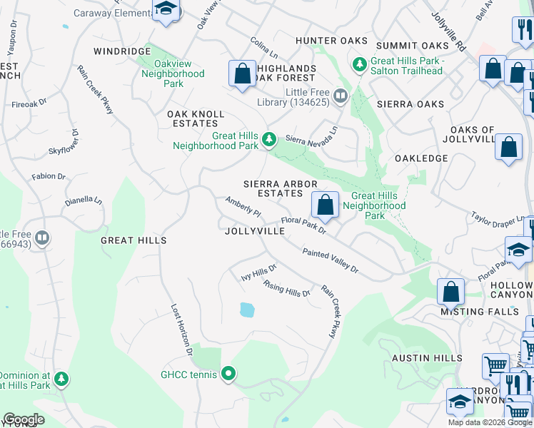map of restaurants, bars, coffee shops, grocery stores, and more near 10502-10504 Floral Park Dr in Austin