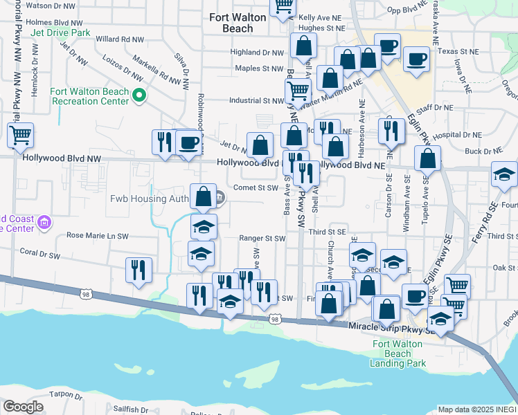 map of restaurants, bars, coffee shops, grocery stores, and more near 58 Ed Brown Street Southwest in Fort Walton Beach