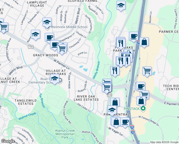 map of restaurants, bars, coffee shops, grocery stores, and more near 1310 West Parmer Lane in Austin