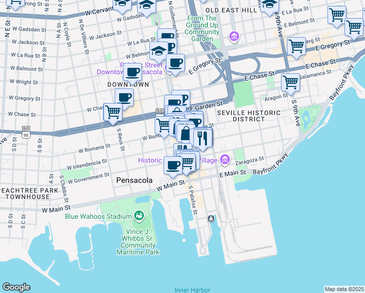 map of restaurants, bars, coffee shops, grocery stores, and more near 223 Palafox Place in Pensacola
