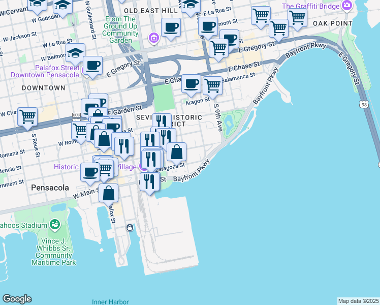 map of restaurants, bars, coffee shops, grocery stores, and more near 509 East Government Street in Pensacola