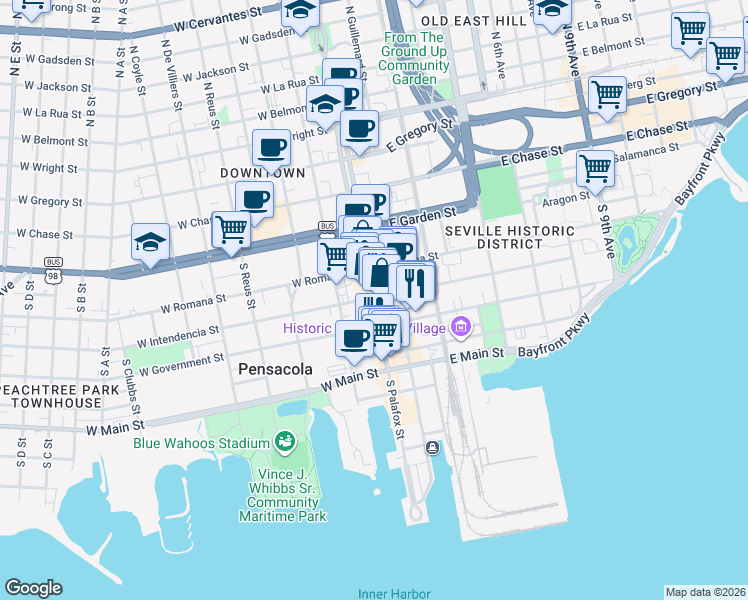 map of restaurants, bars, coffee shops, grocery stores, and more near 223 S Palafox Pl in Pensacola