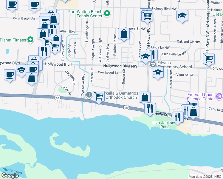 map of restaurants, bars, coffee shops, grocery stores, and more near 172 Miramar Street in Mary Esther