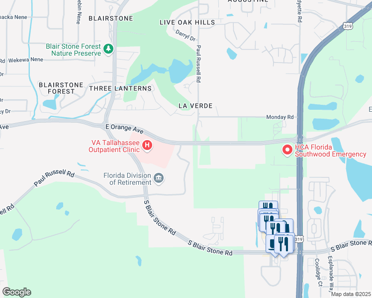map of restaurants, bars, coffee shops, grocery stores, and more near 1875 East Orange Avenue in Tallahassee