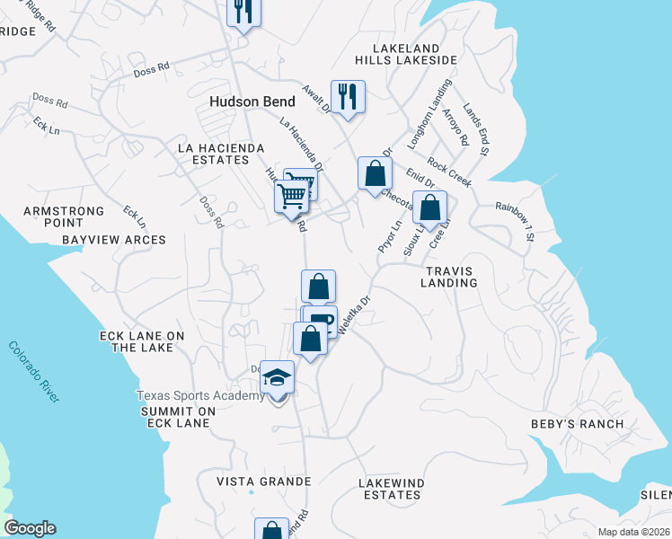 map of restaurants, bars, coffee shops, grocery stores, and more near 4801 Hudson Bend Road in Austin