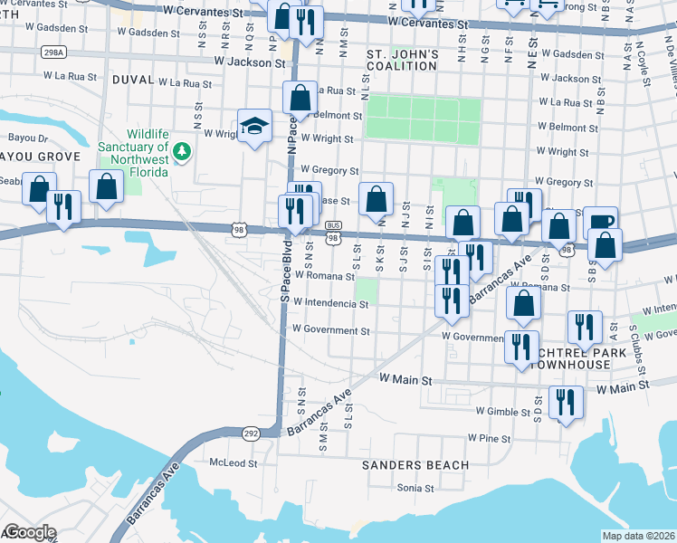 map of restaurants, bars, coffee shops, grocery stores, and more near 2021 West Romana Street in Pensacola