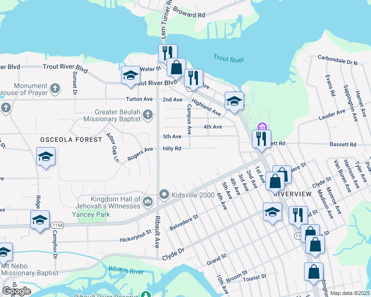map of restaurants, bars, coffee shops, grocery stores, and more near 2280 Hilly Road in Jacksonville