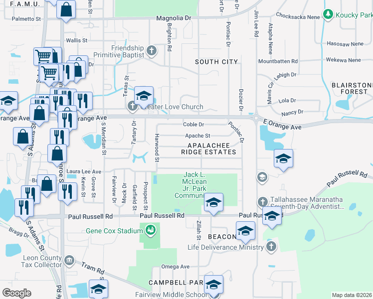 map of restaurants, bars, coffee shops, grocery stores, and more near 805 Cochran Drive in Tallahassee