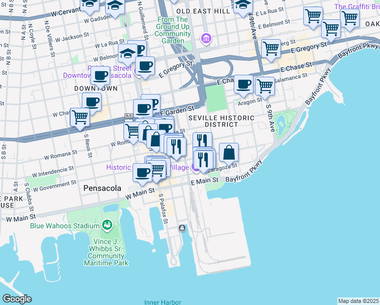 map of restaurants, bars, coffee shops, grocery stores, and more near 201 East Government Street in Pensacola