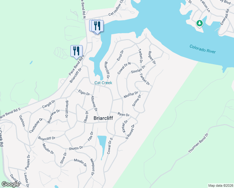 map of restaurants, bars, coffee shops, grocery stores, and more near 100 Cowal Drive South in Briarcliff