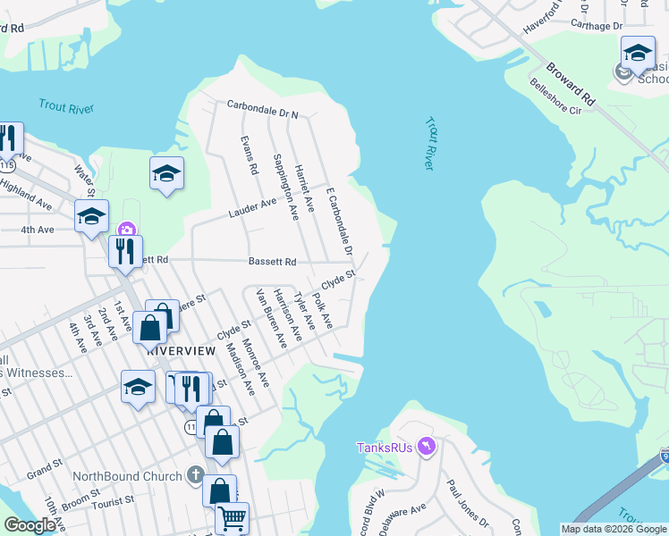 map of restaurants, bars, coffee shops, grocery stores, and more near 9428 East Carbondale Drive in Jacksonville