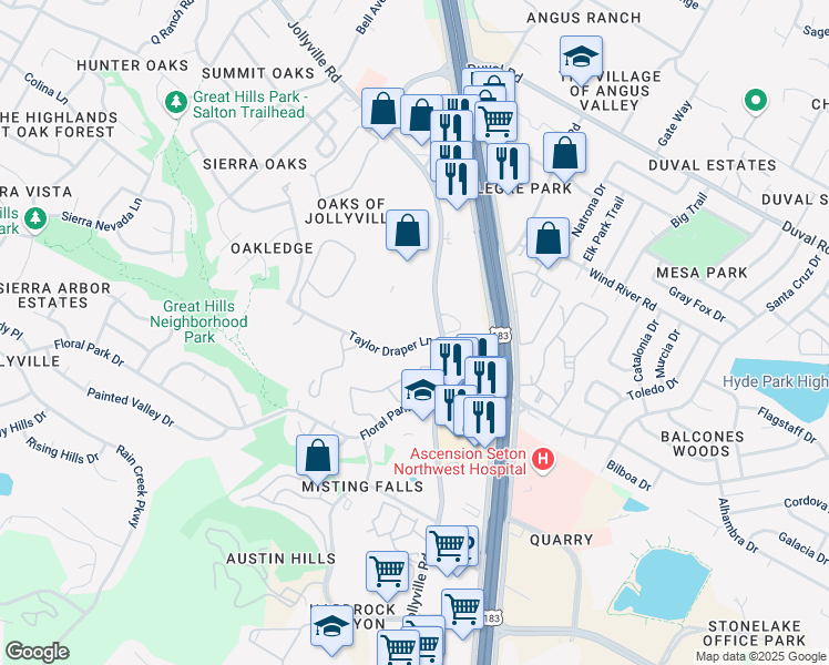 map of restaurants, bars, coffee shops, grocery stores, and more near 11211 Taylor Draper Lane in Austin