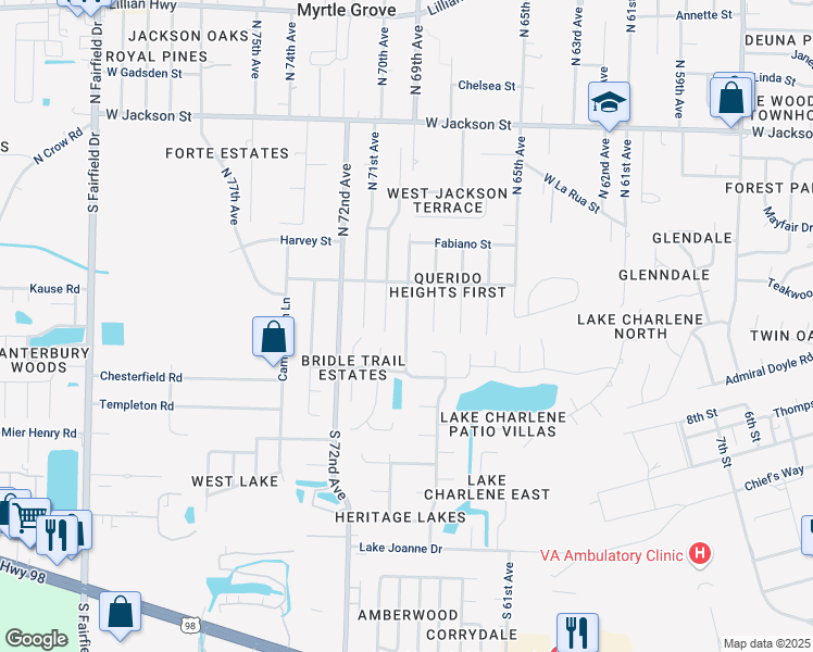 map of restaurants, bars, coffee shops, grocery stores, and more near 147 South 69th Avenue in Pensacola