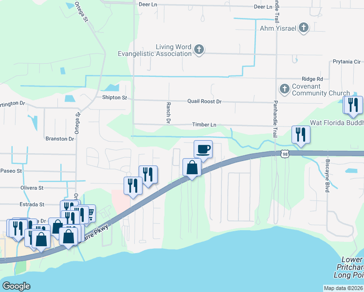 map of restaurants, bars, coffee shops, grocery stores, and more near 9008 Larker Woods Drive in Navarre