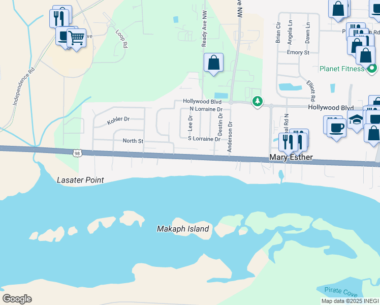 map of restaurants, bars, coffee shops, grocery stores, and more near 12 Winfield Way in Mary Esther