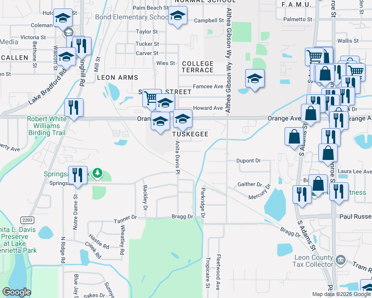 map of restaurants, bars, coffee shops, grocery stores, and more near 606 Hawkins Street in Tallahassee