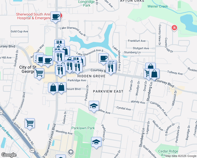 map of restaurants, bars, coffee shops, grocery stores, and more near 12200 Coursey Boulevard in Baton Rouge