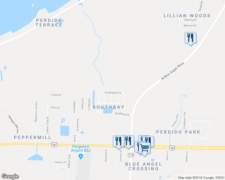 map of restaurants, bars, coffee shops, grocery stores, and more near 1980 Southwind Circle in Pensacola
