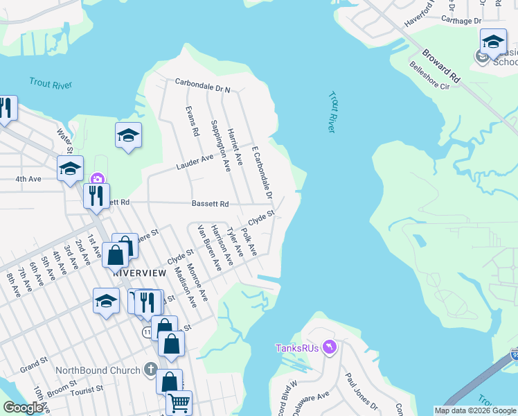 map of restaurants, bars, coffee shops, grocery stores, and more near 9428 East Carbondale Drive in Jacksonville