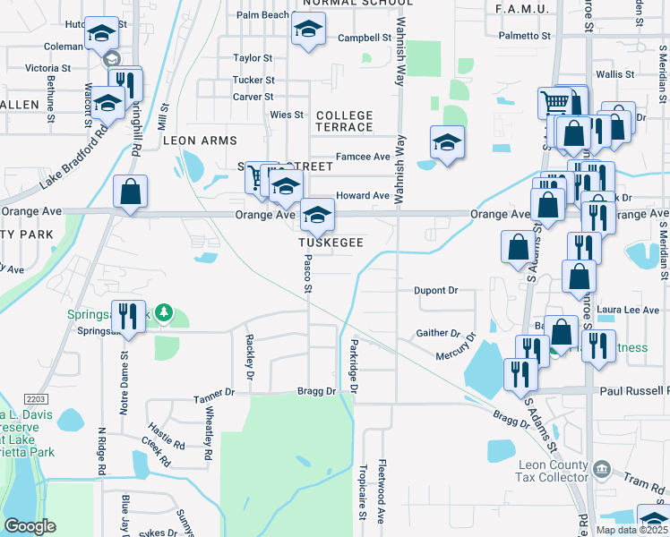 map of restaurants, bars, coffee shops, grocery stores, and more near in Tallahassee