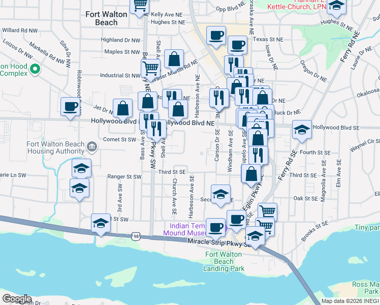 map of restaurants, bars, coffee shops, grocery stores, and more near 23 Park Circle Southeast in Fort Walton Beach