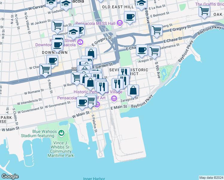 map of restaurants, bars, coffee shops, grocery stores, and more near 113 Calle De Santiago in Pensacola