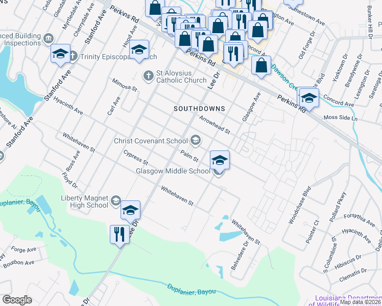map of restaurants, bars, coffee shops, grocery stores, and more near 1700 Lee Drive in Baton Rouge
