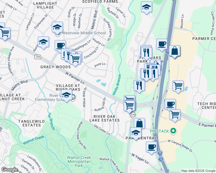 map of restaurants, bars, coffee shops, grocery stores, and more near 1310 West Parmer Lane in Austin