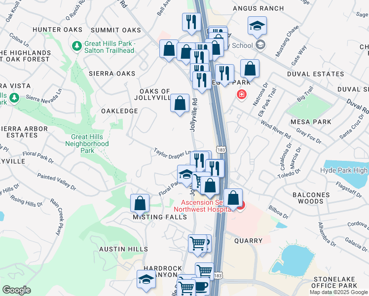 map of restaurants, bars, coffee shops, grocery stores, and more near 11316 Jollyville Road in Austin