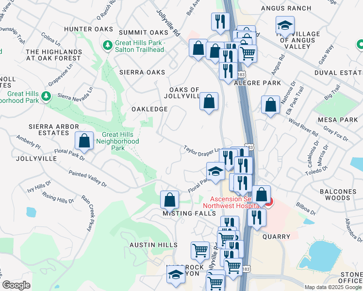 map of restaurants, bars, coffee shops, grocery stores, and more near 11266 Taylor Draper Lane in Austin