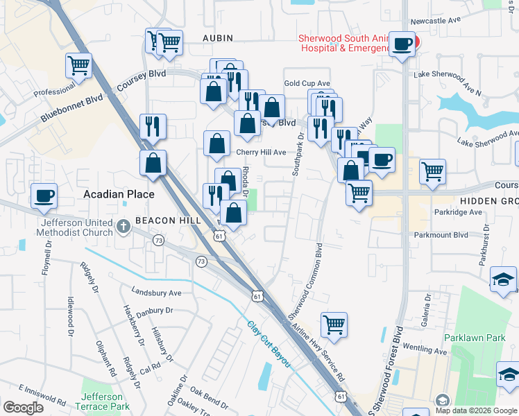 map of restaurants, bars, coffee shops, grocery stores, and more near 4426 Kolin Drive in Baton Rouge