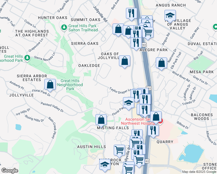 map of restaurants, bars, coffee shops, grocery stores, and more near 11266 Taylor Draper Lane in Austin