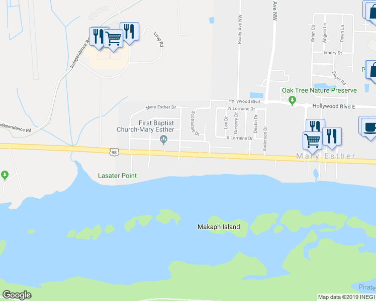 map of restaurants, bars, coffee shops, grocery stores, and more near 6 Shamrock Drive in Mary Esther