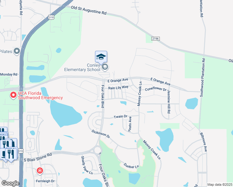 map of restaurants, bars, coffee shops, grocery stores, and more near 2424 Rain Lily Way in Tallahassee