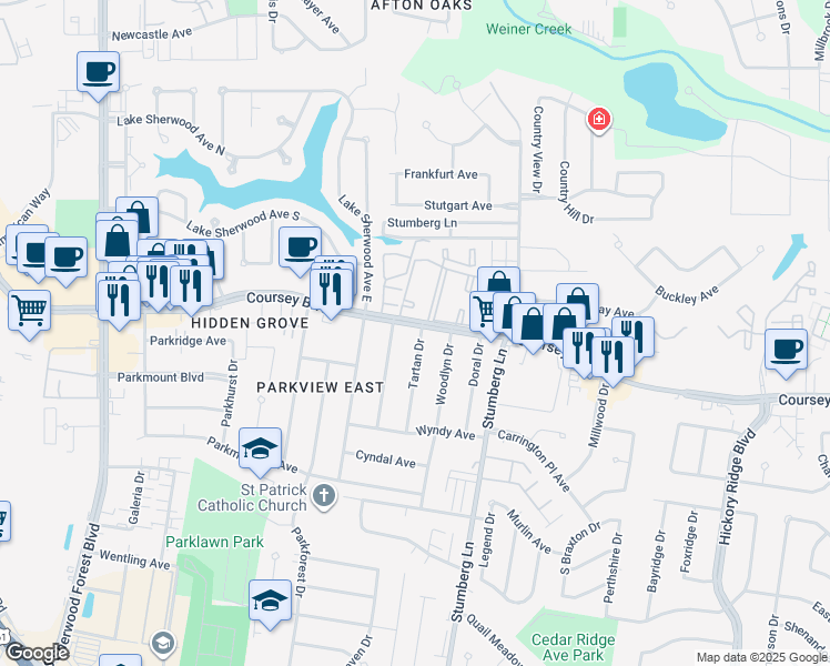 map of restaurants, bars, coffee shops, grocery stores, and more near 12510 Coursey Boulevard in Baton Rouge