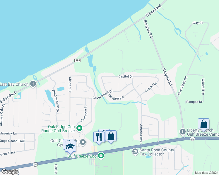 map of restaurants, bars, coffee shops, grocery stores, and more near 2043 Courier Court in Gulf Breeze