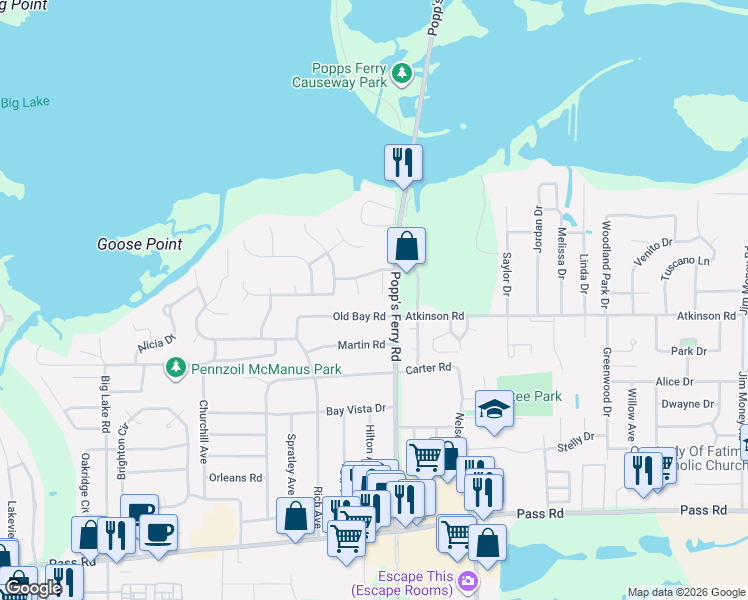 map of restaurants, bars, coffee shops, grocery stores, and more near 425 Babineaux Place in Biloxi