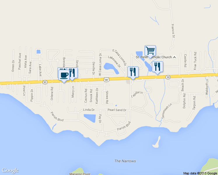 map of restaurants, bars, coffee shops, grocery stores, and more near 1514 Tommy Lane in Mary Esther