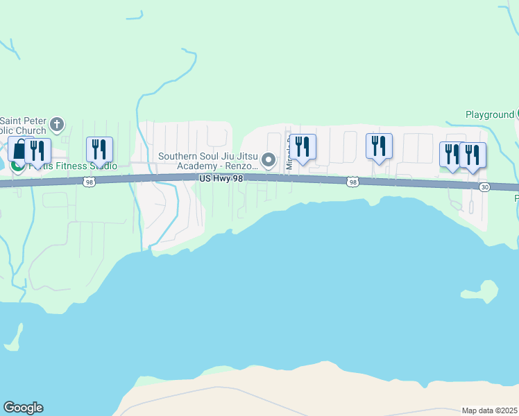 map of restaurants, bars, coffee shops, grocery stores, and more near 1691 U.S. 98 in Mary Esther