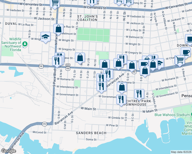 map of restaurants, bars, coffee shops, grocery stores, and more near in Pensacola