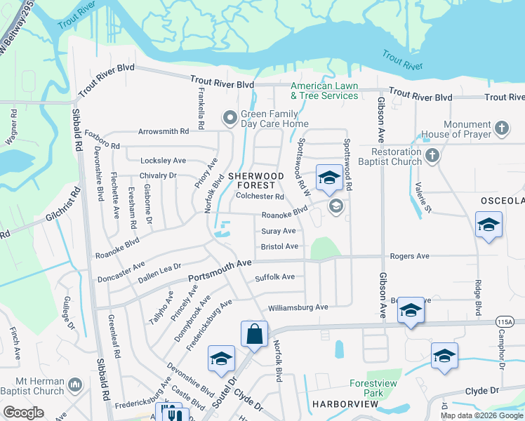 map of restaurants, bars, coffee shops, grocery stores, and more near 4663 Roanoke Boulevard in Jacksonville